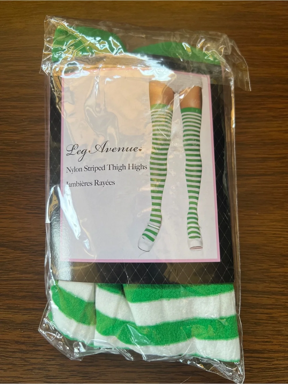 NWT- Leg Avenue Nylon Green and White Striped Thigh High Stockings - One Size